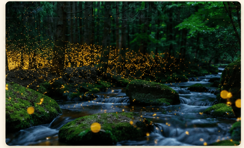 Forest stream with golden lights