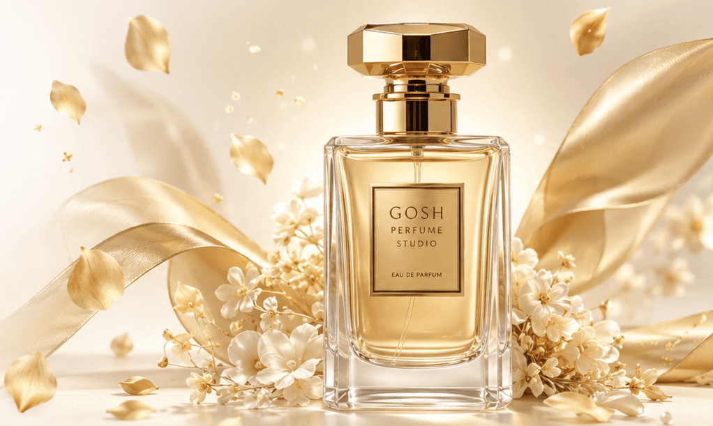 GOSH Perfume Studio golden perfume bottle with jasmine flowers and gold ribbon