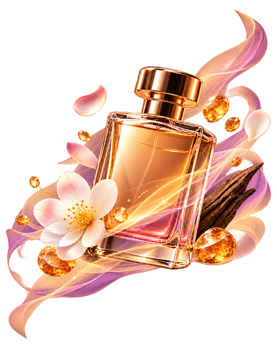 Amber perfume bottle surrounded by luminous rose and gold ribbons, blossom petals, and warm woods